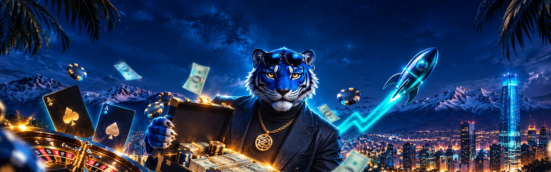 Tigre azul de ZANZA junto a fichas y monedas, con una ciudad de fondo